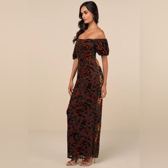 Lulus Confidently Impressive Brown Velvet Off-the-Shoulder Maxi Dress - Picture 2 of 9